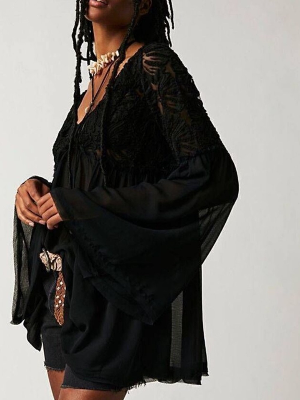 Free People Magdalene Black Boho Lace Bell Sleeve Tunic Top NWT